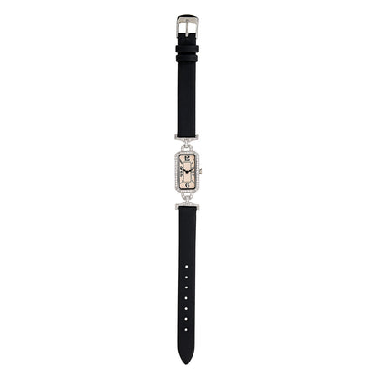 Alexandra: Art Deco Style Watch in Sterling Silver and Cubic Zirconia on a Leather Black Ribbon Strap.