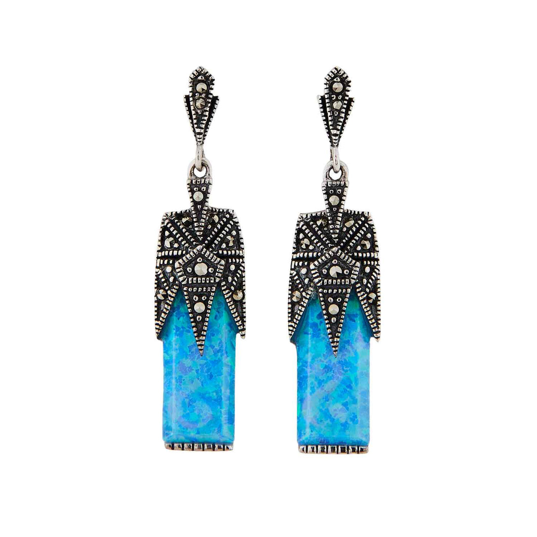 Art Deco Style Drop Earrings: Cultured Opal, Marcasite, Silver
