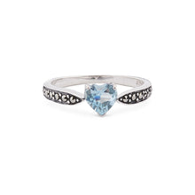 Load image into Gallery viewer, Art Deco Style Heart Ring: Sterling Silver, Marcasite, Blue Topaz