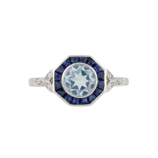 Art Deco Style Ring: White Gold, Blue Topaz, Sapphire and Diamond