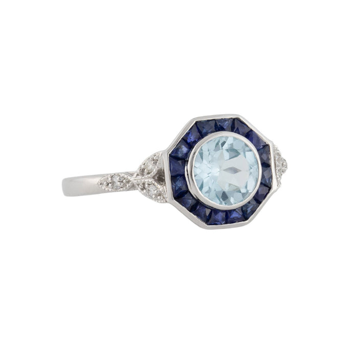 Art Deco Style Ring: White Gold, Blue Topaz, Sapphire and Diamond