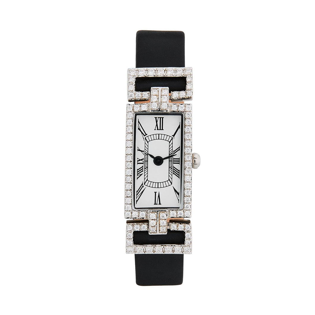 Art Deco Style Watch: Silver, Cubic Zirconia and Black Leather Strap