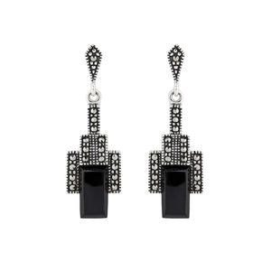 Art Deco Style Drop Earrings: Silver, Marcasite and Onyx