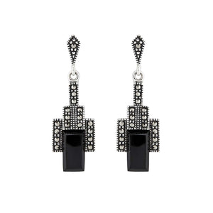 Art Deco Style Drop Earrings: Silver, Marcasite and Onyx