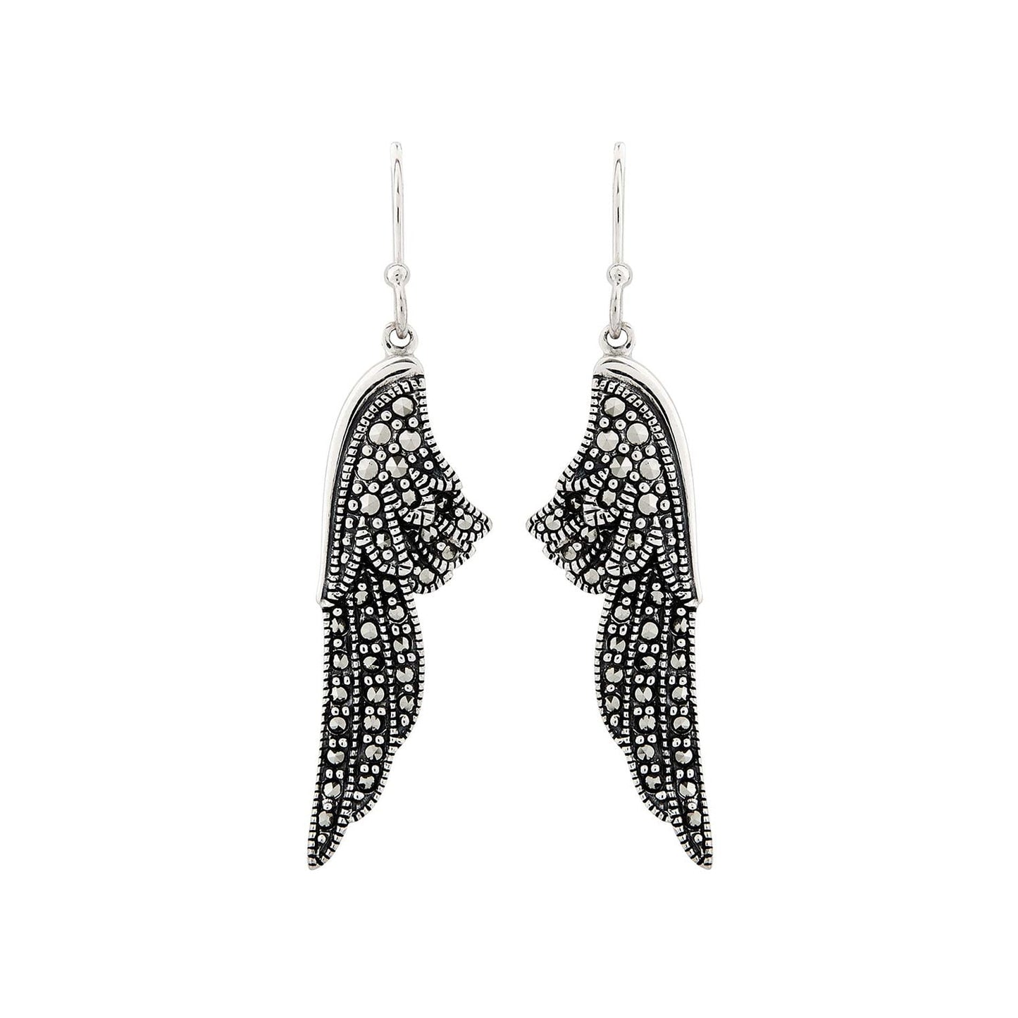 Angel Wing Drop Earrings: Silver and Marcasite