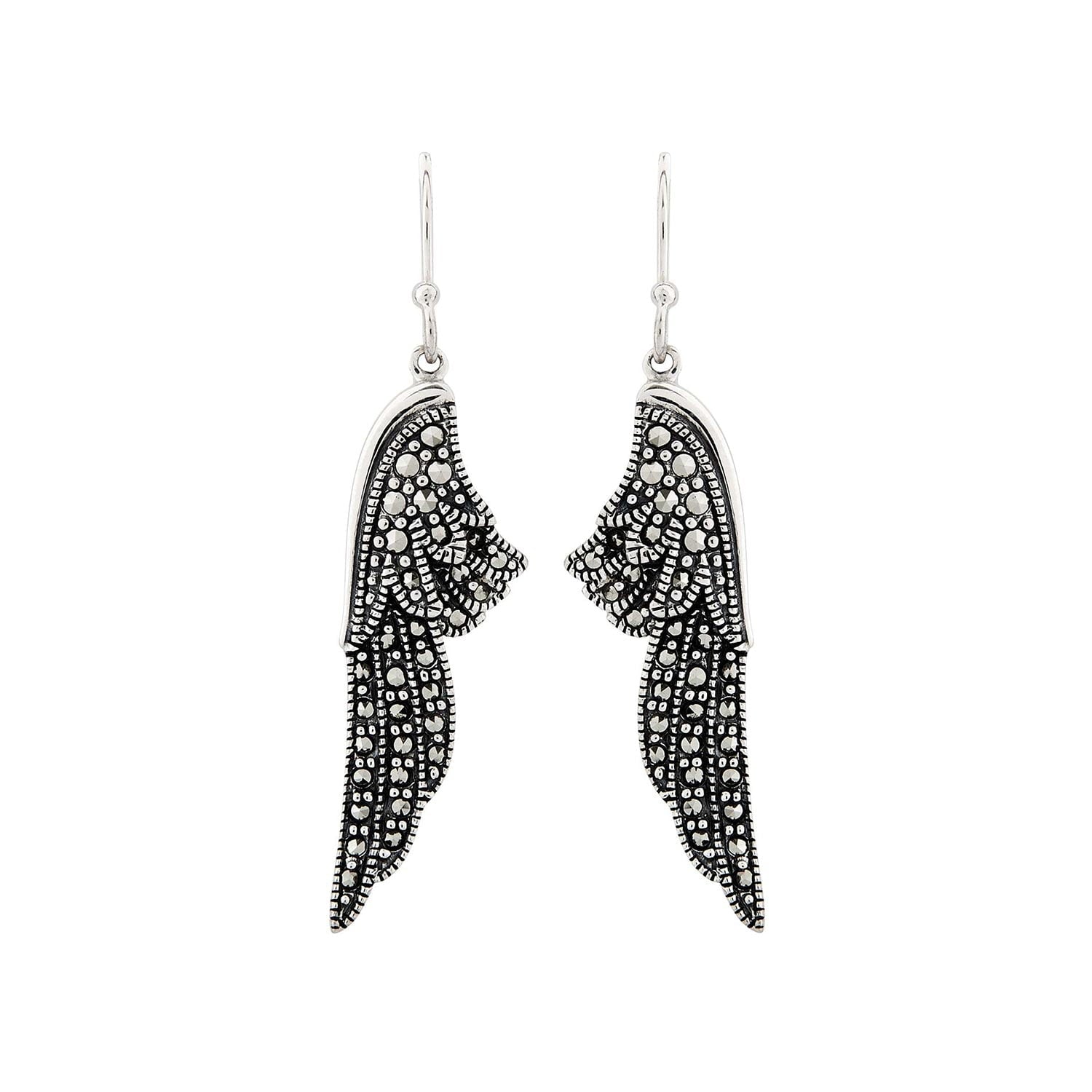 Angel Wing Drop Earrings: Silver and Marcasite