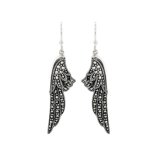Angel Wing Drop Earrings: Silver and Marcasite