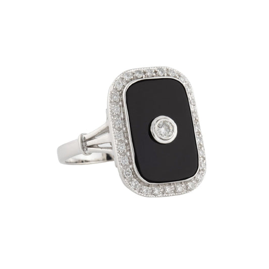 Art Deco Style Ring: White Gold, Onyx and Diamond