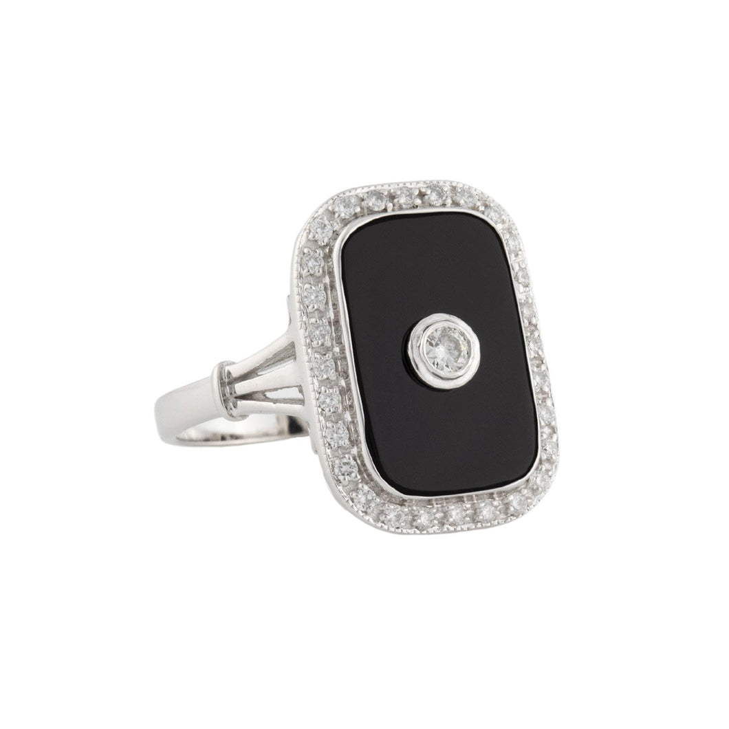 Art Deco Style Ring: White Gold, Onyx and Diamond