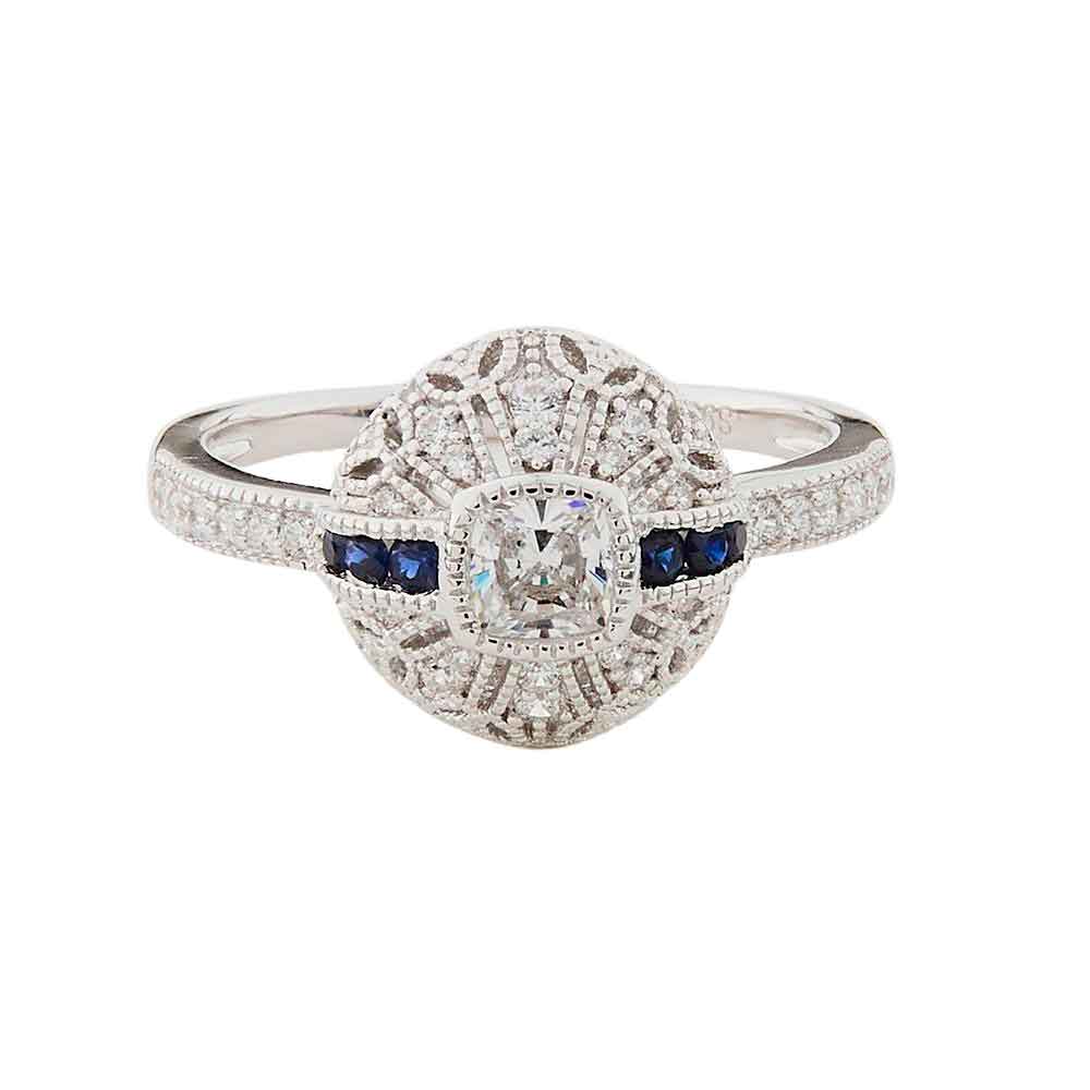 Camilla: Art Deco Style Ring in White Cubic Zirconia Synthetic Sapphire and Sterling Silver