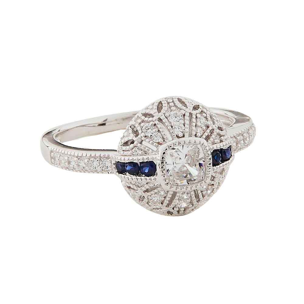Art Deco Style Domed Ring: Sterling Silver, Cubic Zirconia, Synthetic Sapphire