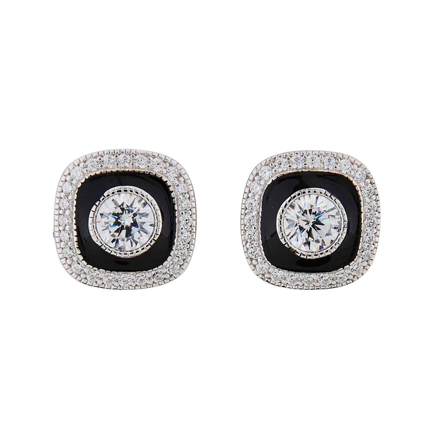 Art Deco Style Stud Earring: Sterling Silver, Cubic Zirconia, Enamel