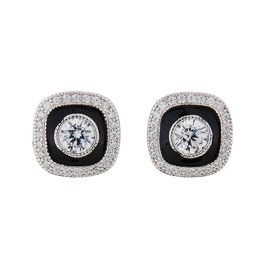 Art Deco Style Stud Earring: Sterling Silver, Cubic Zirconia, Enamel