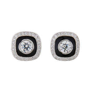 Art Deco Style Stud Earring: Sterling Silver, Cubic Zirconia, Enamel