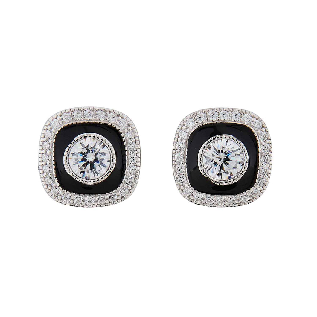 Art Deco Style Stud Earring: Sterling Silver, Cubic Zirconia, Enamel