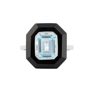 Art Deco Style Ring: 9ct White Gold, Blue Topaz And Onyx