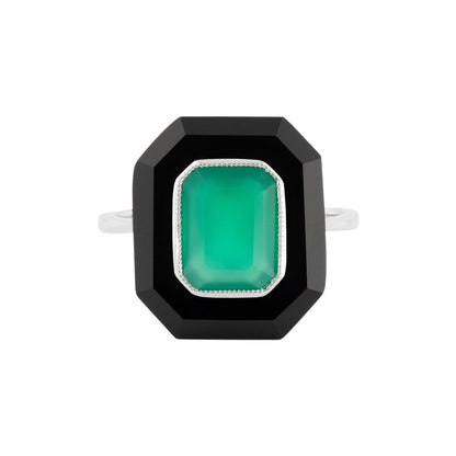 Chloe: Art Deco Style Ring in 9ct White Gold, Green Agate And Onyx