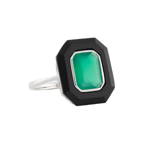 Art Deco Style Ring: 9ct White Gold, Green Agate And Onyx