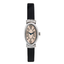Load image into Gallery viewer, Art Deco Style Antique Cream Dial Watch: Sterling Silver and Cubic Zirconia on a Leather Black Ribbon Strap