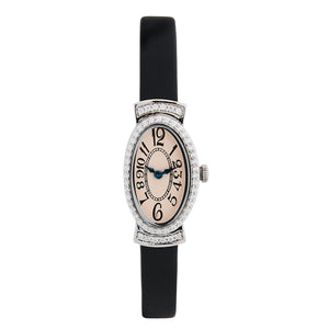 Art Deco Style Antique Cream Dial Watch: Sterling Silver and Cubic Zirconia on a Leather Black Ribbon Strap