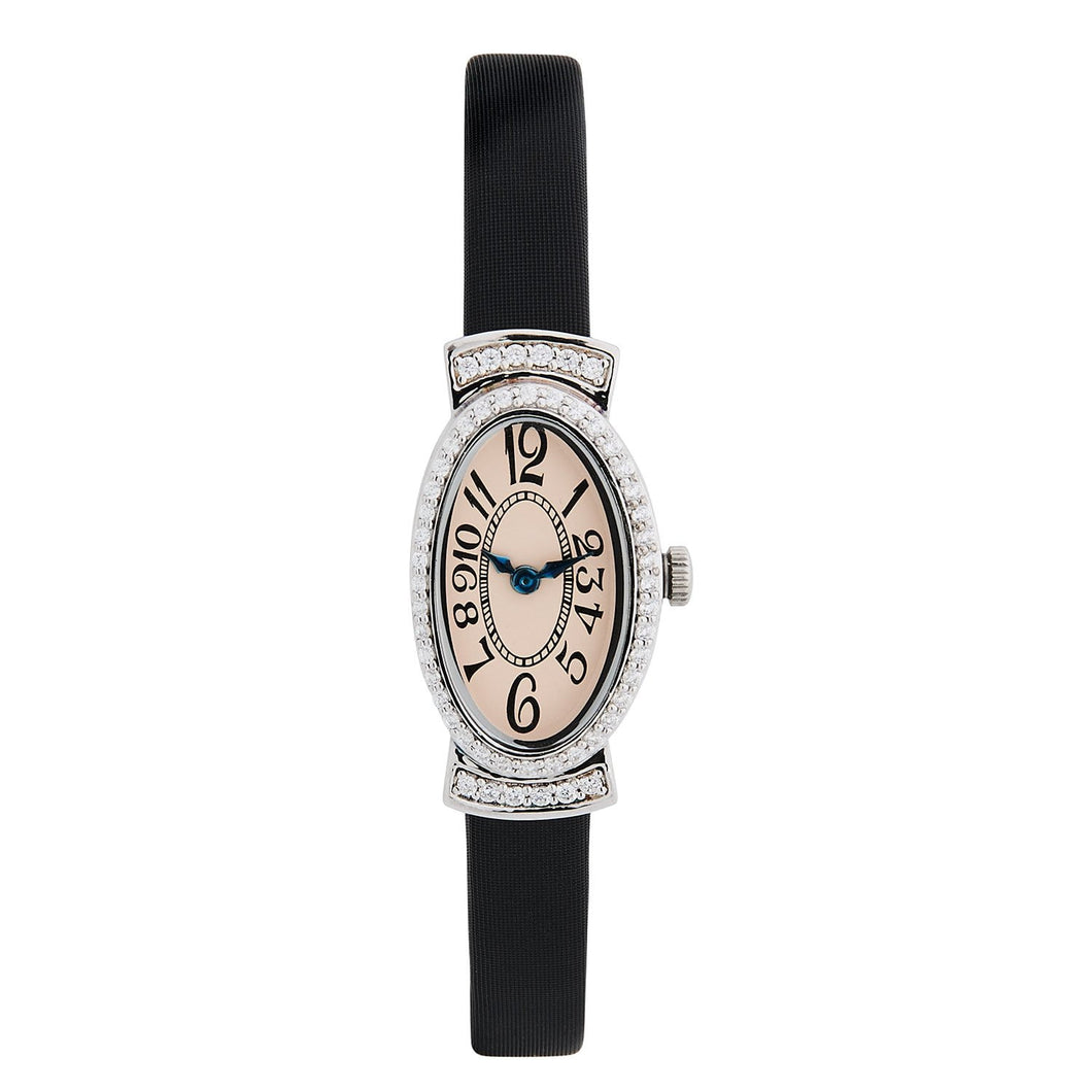 Art Deco Style Antique Cream Dial Watch: Sterling Silver and Cubic Zirconia on a Leather Black Ribbon Strap