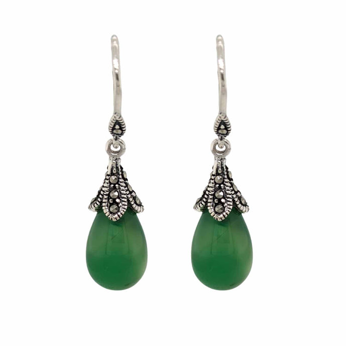 Art Deco Style Drop Earrings: Green Agate, Marcasite and Sterling Silver