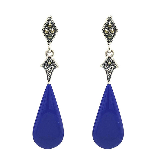 Art Deco Style Drop Earrings: Synthetic Lapis Lazuli, Marcasite and Sterling Silver