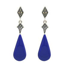 Load image into Gallery viewer, Art Deco Style Drop Earrings: Synthetic Lapis Lazuli, Marcasite and Sterling Silver