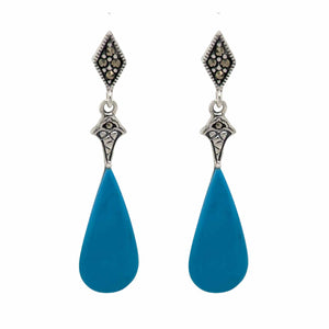 Art Deco Style Drop Earrings: Synthetic Turquoise, Marcasite and Sterling Silver
