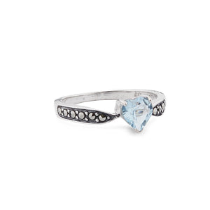 Art Deco Style Heart Ring: Sterling Silver, Marcasite, Blue Topaz