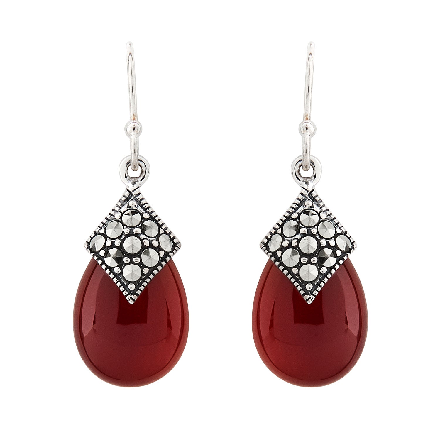 Art Deco Style Drop Earrings: Red Carnelian, Marcasite and  Sterling Silver