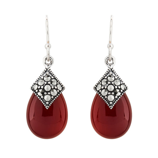 Art Deco Style Drop Earrings: Red Carnelian, Marcasite and  Sterling Silver