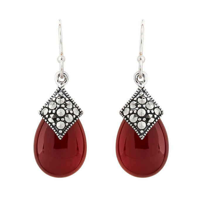 Art Deco Style Drop Earrings: Red Carnelian, Marcasite and  Sterling Silver
