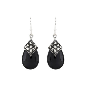 Art Deco Style Drop Earrings: Black Onyx, Marcasite and Sterling Silver