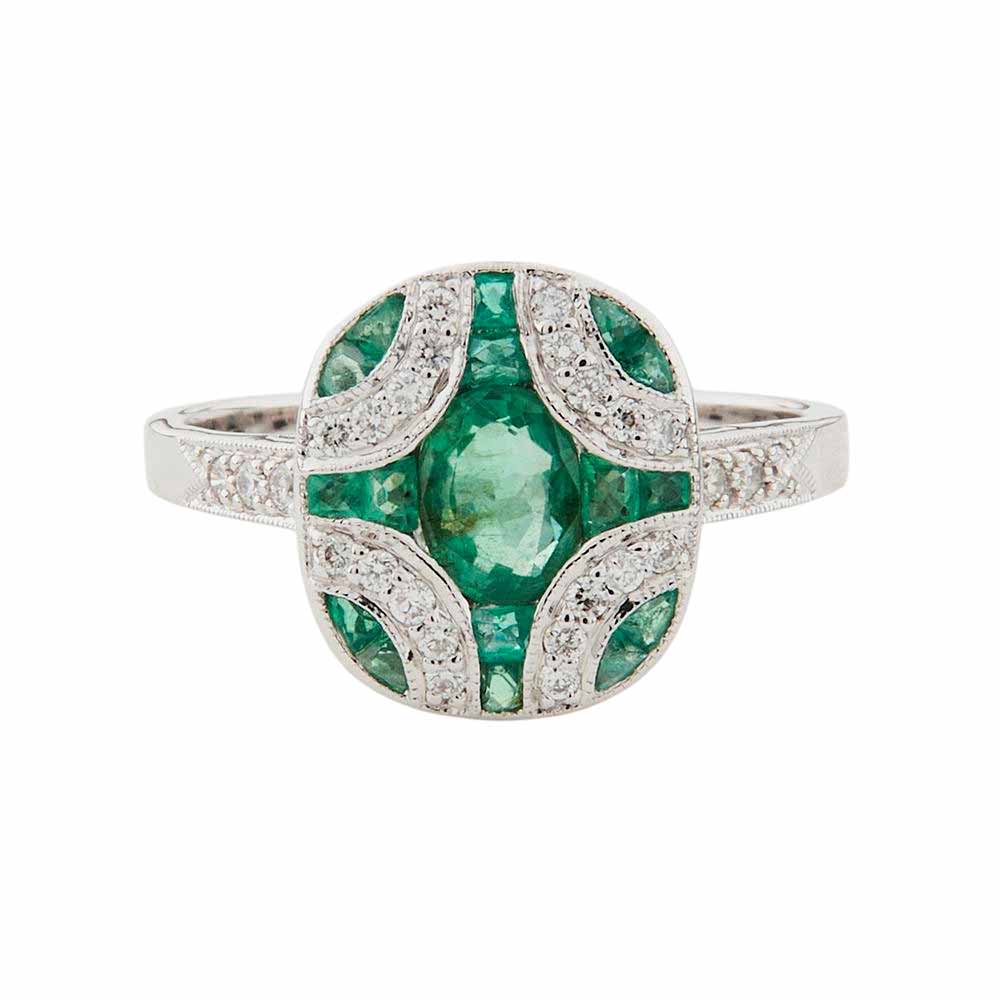 Art Deco Style Ring: 9ct White Gold, Emerald and Diamond