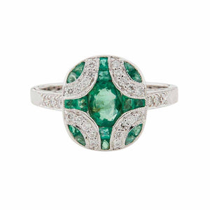 Art Deco Style Ring: 9ct White Gold, Emerald and Diamond