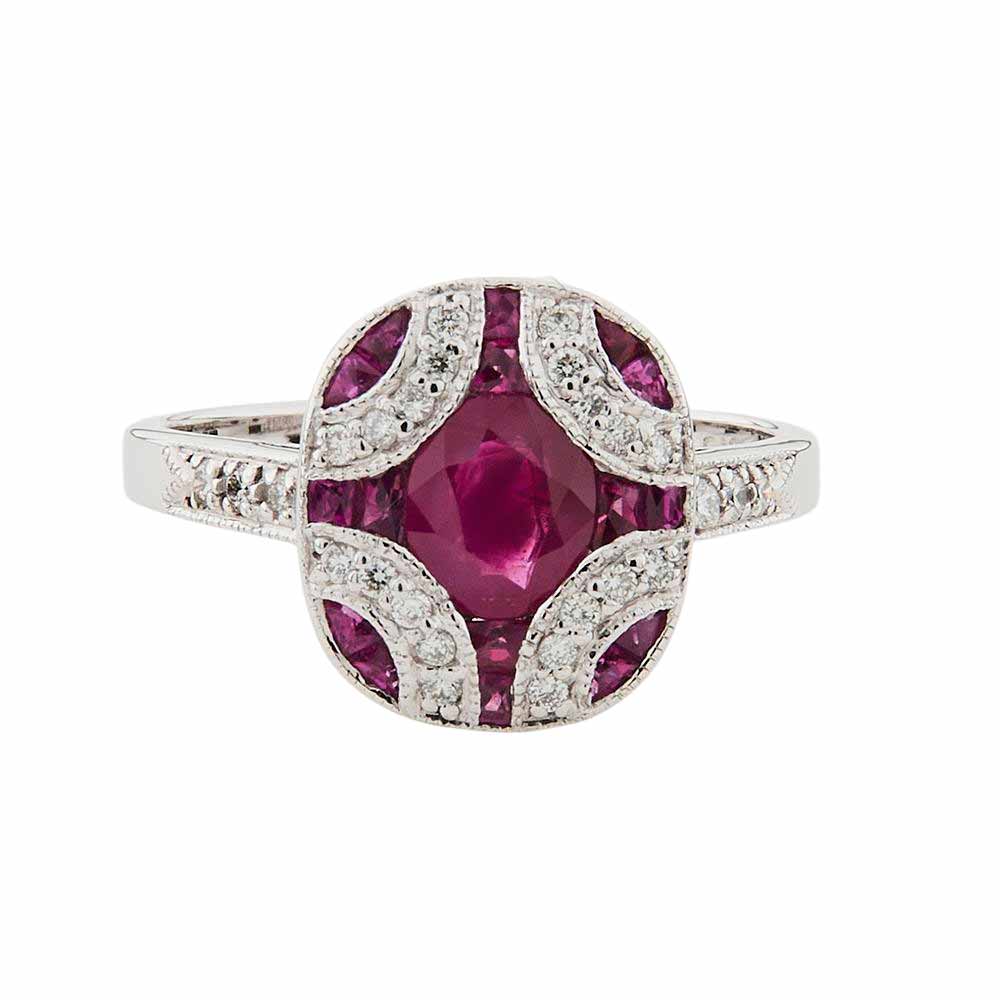 Art Deco Style Ring: 9ct White Gold, Ruby and Diamond