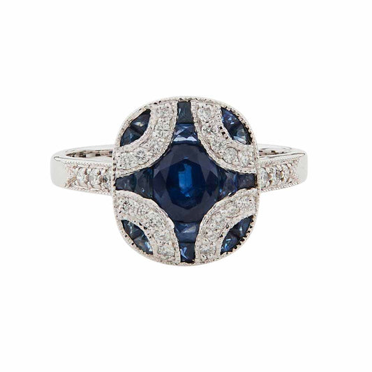 Art Deco Style Ring: 9ct White Gold, Sapphire and Diamond