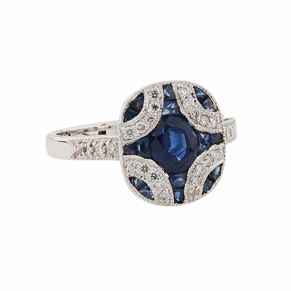Art Deco Style Ring: 9ct White Gold, Sapphire and Diamond