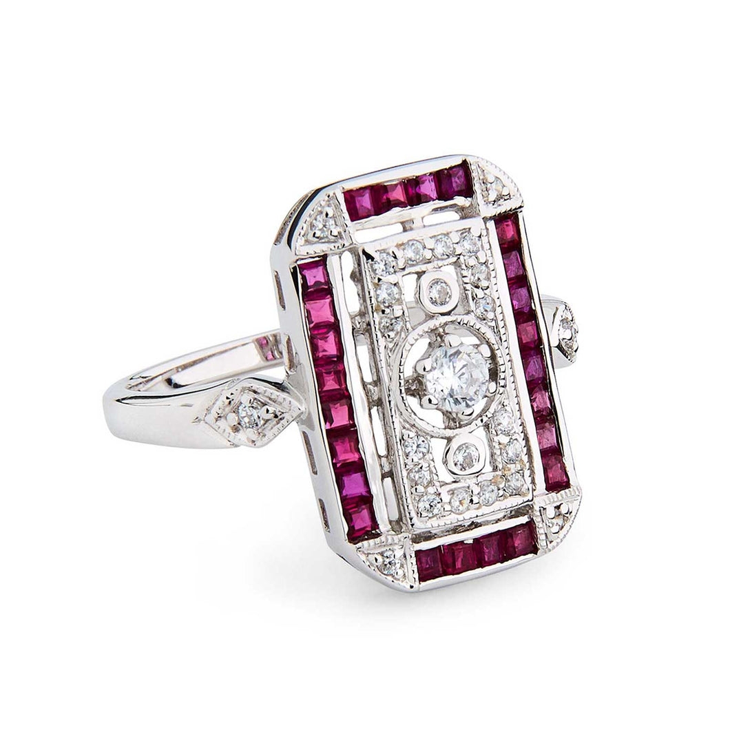 Art Deco Style Ring: Natural Ruby, Cubic Zirconia and Sterling Silver