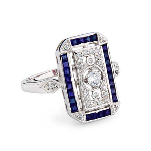 Art Deco Style Ring: Natural sapphire, Cubic Zirconia  and Sterling Silver
