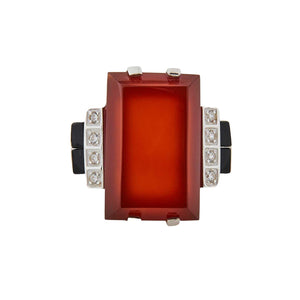 Art Deco Design Statement Cocktail Ring: Sterling Silver, Carnelian, Onyx , Cubic Zirconia