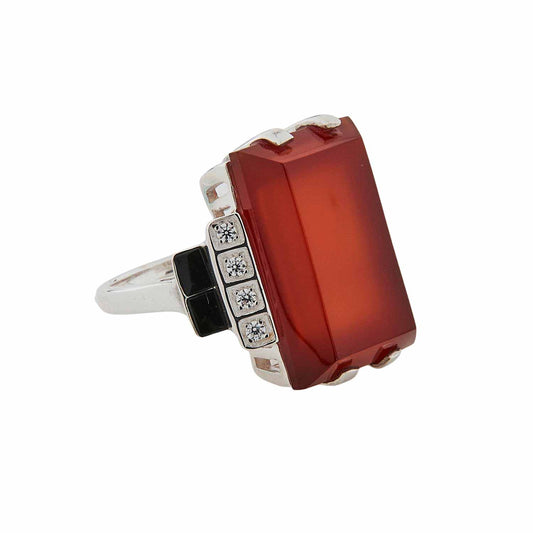 Art Deco Design Statement Cocktail Ring: Sterling Silver, Carnelian, Onyx , Cubic Zirconia