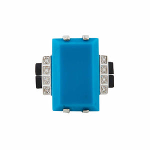 Art Deco Design Statement Cocktail Ring: Sterling Silver, Turquoise, Onyx and Cubic Zirconia