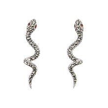 Load image into Gallery viewer, Wellington_&amp;_North_Art_Deco_Jewellery_Suzi_925_Sterling_Silver_Marcasite_Garnet_Snake_Drop_Earrings
