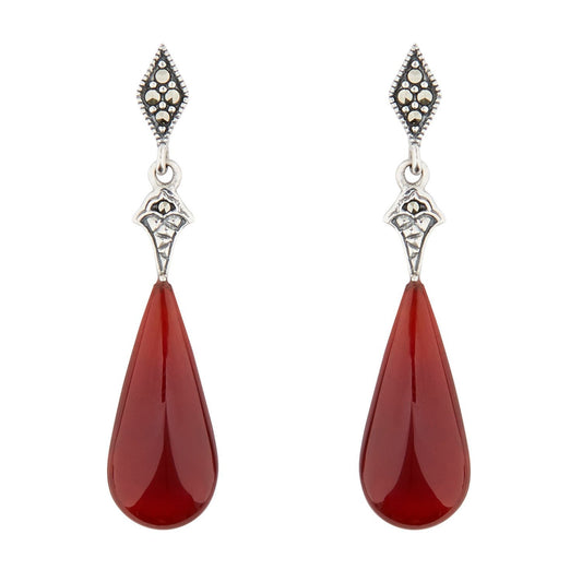 Art Deco Style Drop Earrings: Sterling Silver, Red Carnelian, Marcasite 
