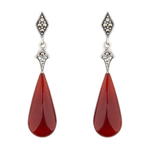Load image into Gallery viewer, Art Deco Style Drop Earrings: Sterling Silver, Red Carnelian, Marcasite 