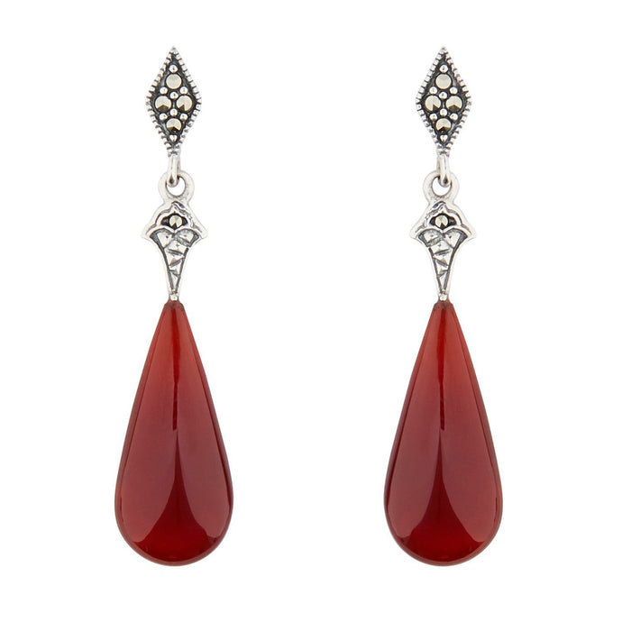 Art Deco Style Drop Earrings: Sterling Silver, Red Carnelian, Marcasite 