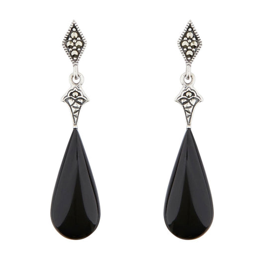 Art Deco Style Drop Earrings: Sterling Silver, Black Onyx, Marcasite