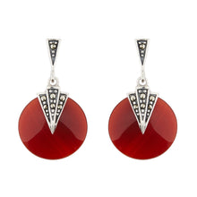 Load image into Gallery viewer, Wellington_&amp;_North_Art_Deco_Jewellery_Mabel_Carnelian_Marcasite_925_Sterling_Silver_Round_Drop_Earrings